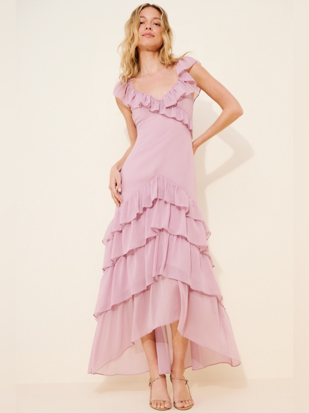 Amy Jane London Bellara Ruffled V-Neck High-Low Maxi Dress in Dusty Rose
